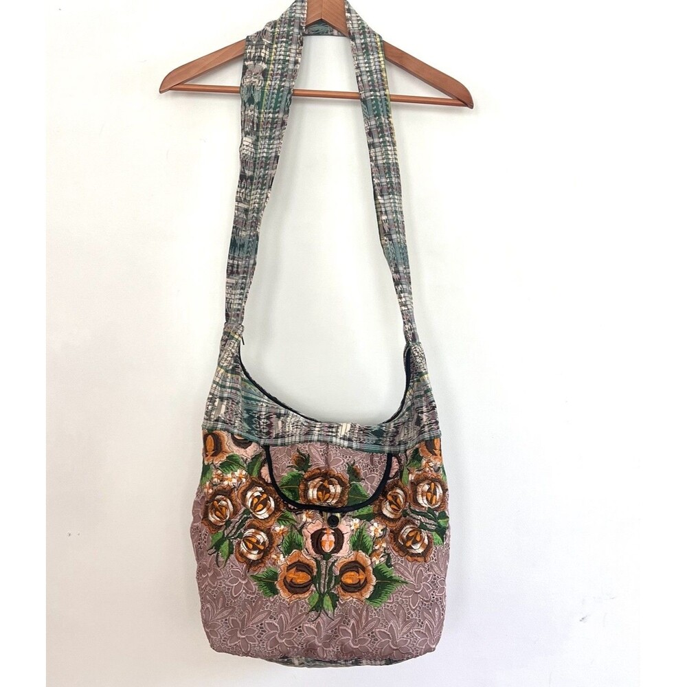 Guatemalan Floral Embroidered Eyelet Hobo Sling Crossbody Cotton Lined Bag